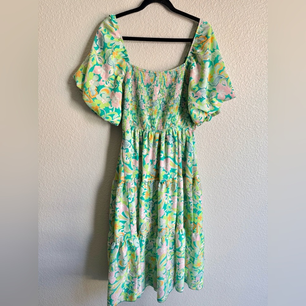 Green Floral Midi Dress with Puff Sleeves and Sweetheart Neckline - Picture 11 of 13